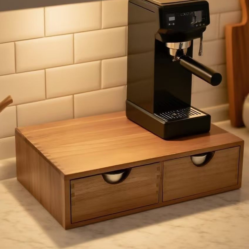 Coffee Equipment Organizer - Minimalistische Kaffeemaschinenbasis aus Massivholz mit doppelter