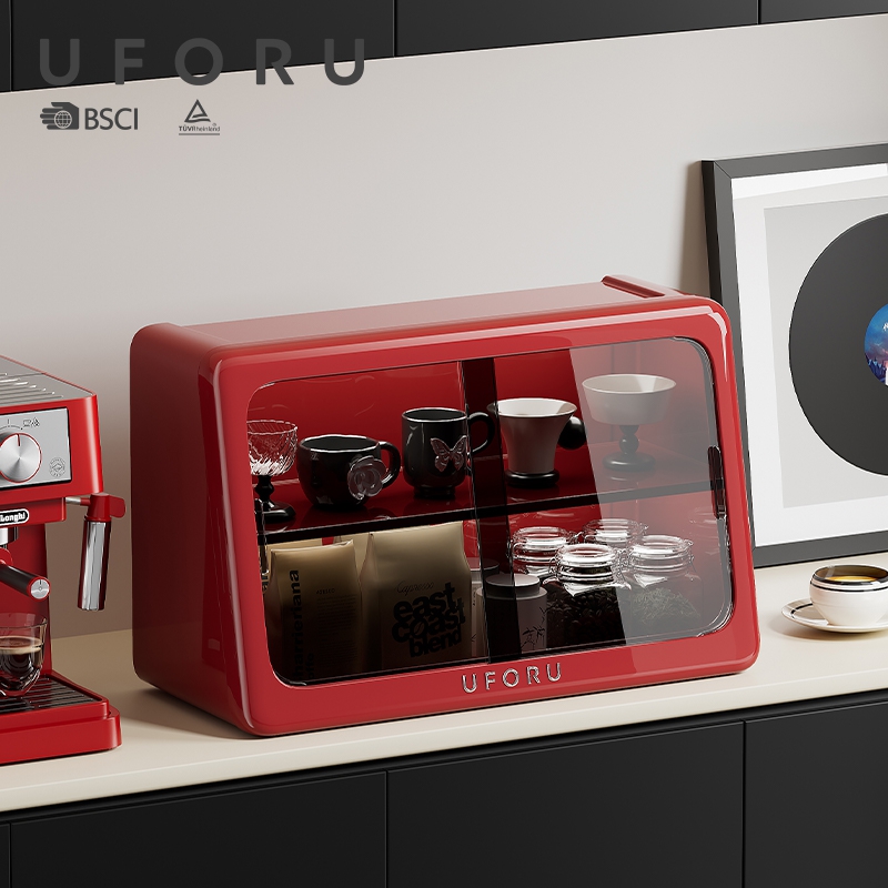 Coffee Equipment Organizer - UFORU Kaffeebar-Organizer Doppelschichtige Staubdichte Schiebetür-Tassenaufbewahrungsbox Großvolumiger